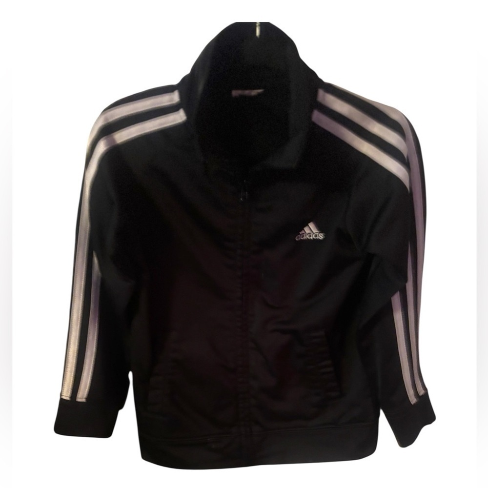 Trendy Adidas Kids Black Track Jacket with Iconic White Adidas Stripes | Size XS